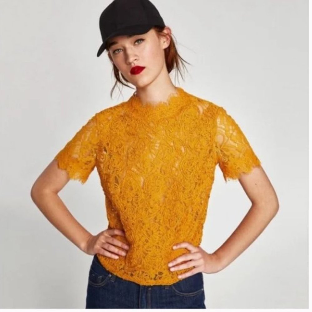 ZARA Embroidered Lace Mustard Yellow Top